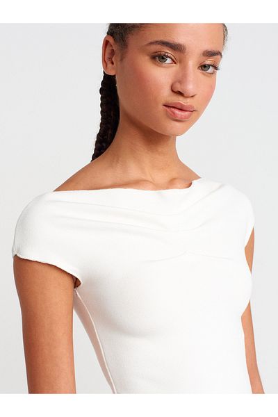 Dilvin 31718 Off-Shoulder Pleat Detail Top-Ecru
