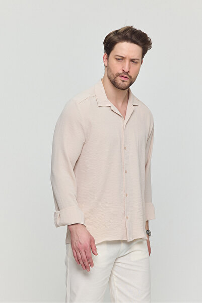 Gray Clothing Erkek Yazlık Gömlek Dokulu Bol Kalıp Dokulu Oversize Yazlık Salaş Erkek Gömlek Bej