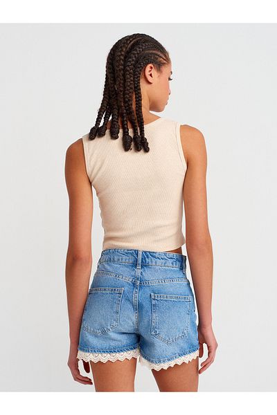 Dilvin 71801 Pantaloni scurți din denim cu dantelă la picior-albastru