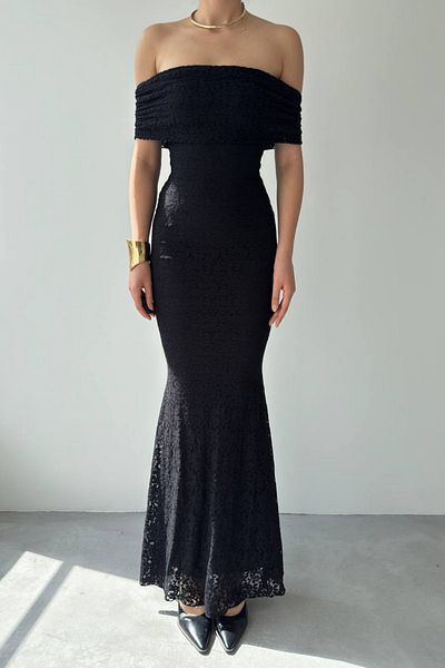 bayansepeti Lined Lace Dress - Strapless Neckline Sleeveless Black Engagement Dress (Size: 367)
