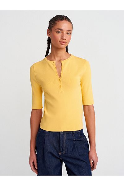 Dilvin 10743 Crew Neck Buttoned Knitwear Blouse-Dark Yellow