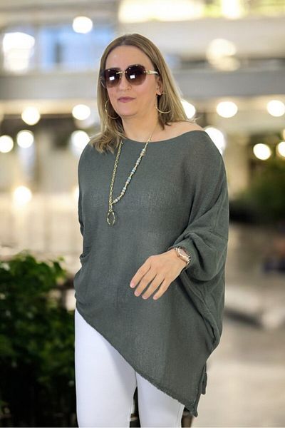 yagmurberen Madonna Collar Asymmetric Cut Slit Detail Pocket Plus Size Italian Mercerized Bluz Sweater.