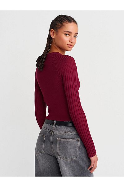 Dilvin Crew Neck Ribbed Buttoned Slim Knitwear Cardigan-Claret Red