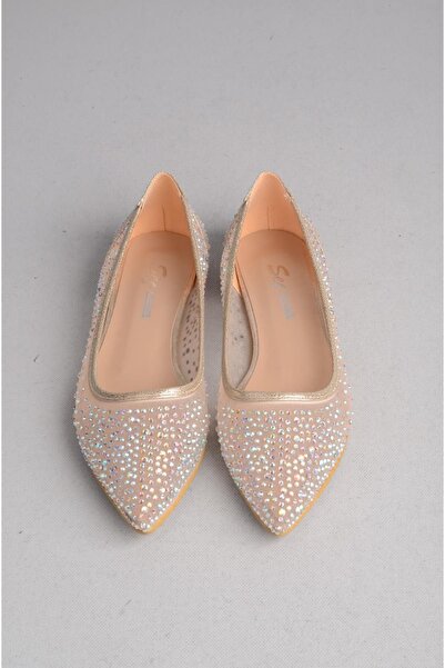 SEÇ KUNDURA Gold Women's Ballerina Shoes - 1729 Stone Tul Detailed