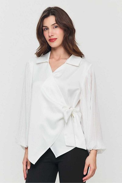 OQQA New Season Satin Double-Breasted Side Tie Sleeves Chiffon Pleated Stone Embroidered Blouse Shirt
