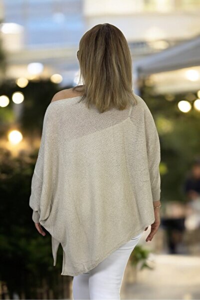 yagmurberen Madonna Collar Asymmetric Cut Slit Detail Pocket Plus Size Italian Mercerized Bluz Sweater.