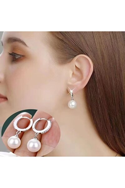 HOBİSY GIFT SHOP Stylish and Minimalist Silver Pearl Earrings – Does Not Tarnish, Steel Earrings with Zircon Details-12Mm Pearl