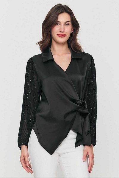 OQQA SEZON NOU satin dublu piept cu legare laterala maneci sifon plisat bluza cu incrustat de piatra