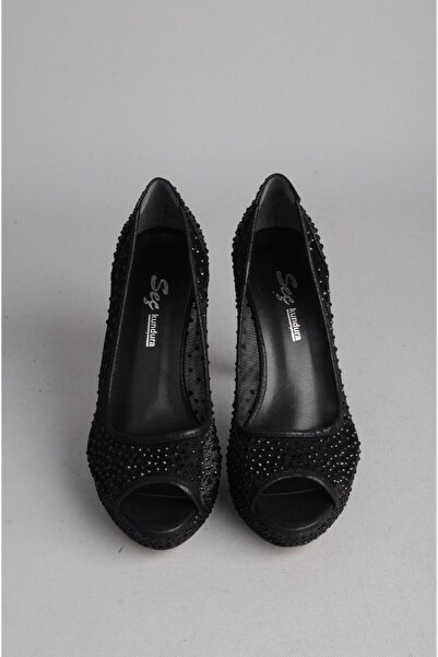 SEÇ KUNDURA Seç 901 Stone Tulle Detailed Evening Shoes (Heel Height: 12 Cm, Platform: 2.5 cm) Black