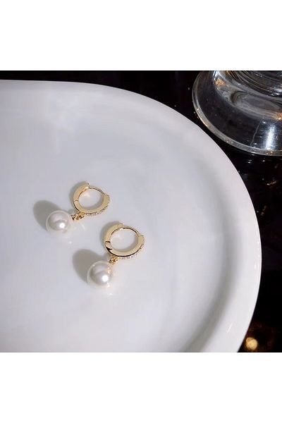 HOBİSY GIFT SHOP Antiallergic Gold Steel Pearl Earrings – Complete Your Elegance with Zircon Sparkle 10mm Pearl