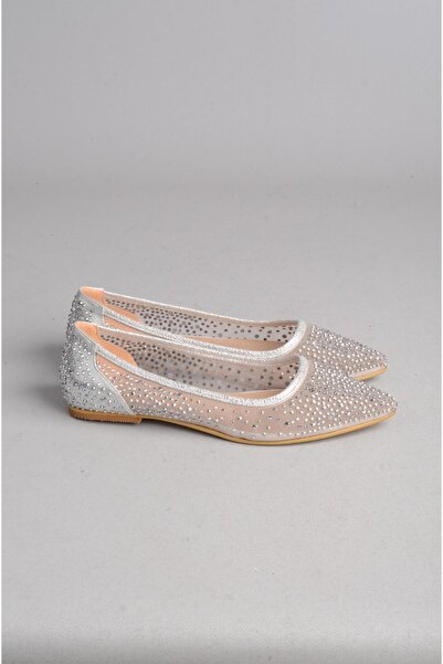 SEÇ KUNDURA SEÇ 1729 TAŞLI TÜL DETAYLI KADIN BABET AYAKKABI GÜMÜŞ