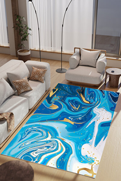 Charmbi Mavi Ebruli Makinede Yıkanabilir Salon Halısı Yatak Odası Halısı & Yolluk Modelleri