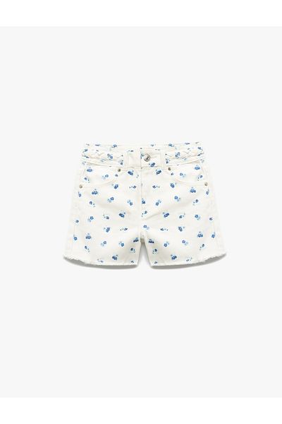 Koton Cotton Belt Detailed Pocket Floral Patterned Denim Shorts