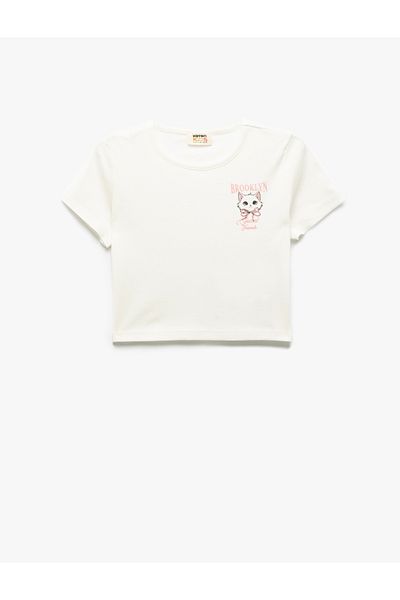 Koton Cat Printed Short Sleeve Crew Neck Cotton Crop T-Shirt