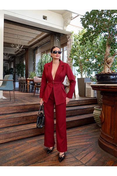 ESRAHELVACI Pile Detailed Thin Belted Jacket Trousers Set