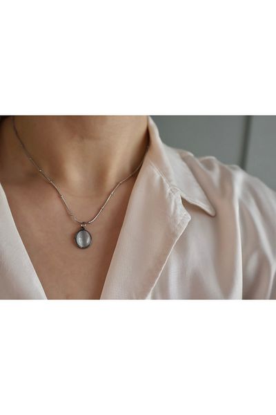 Mia Oval White Stone Silver Steel Necklace