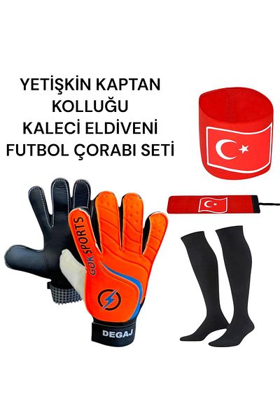 Gök Sports Adult Turkish Flag Captain Armband Goalkeeper Gloves Black Football Sock Set with Wrist Bandage