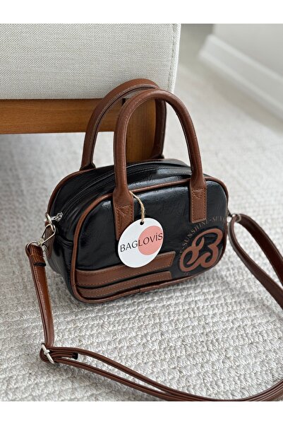 BAGLOVİS ÖNÜ BASKILI SİYAH KADIN OMUZ ÇANTASI