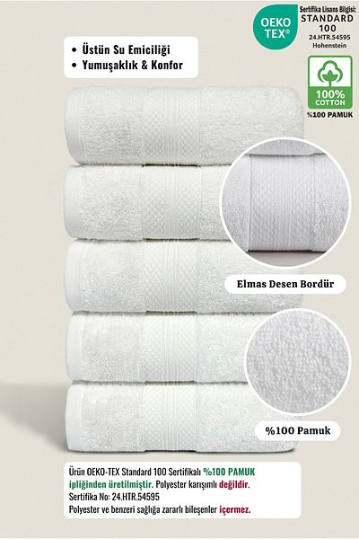 Ellaline طقم مناشف مكون من 5 قطع - 100% قطن، نمط الماس، معتمد، طقم مناشف المطبخ والوجه مقاس 50 × 80 سم