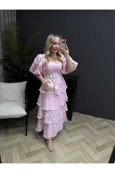 Byelifdursun Sindirella Kare Yaka Katkat Tasarım Elbise Pembe