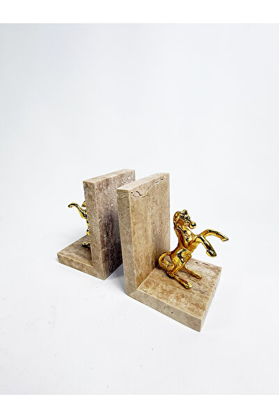 Modestmar Doğal Traverten Mermer Kitap Tutucu Gold At Detaylı