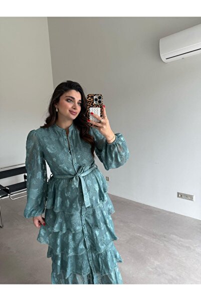 Bade Butik Yeşil Çiçekli Kat Kat Elbise