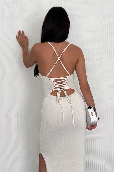 FEMELLE Γυναικείο Πλεκτό Φόρεμα με Κρέμα Standard Size Rope Strap Πλεκτό φόρεμα με χαμηλό κούφιο σκίσιμο
