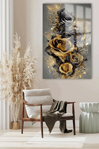 TAULART GOLD ÇİÇEK CAM TABLO ULTRA CANLI RENKLİ KIRILMAZ CAM TABLO EV HEDİYES...