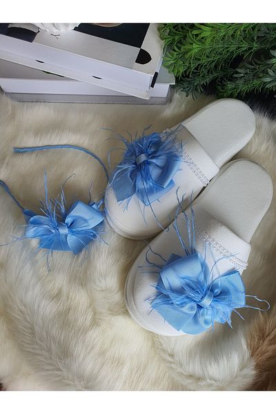 Fiyonks Atölye Blue Bow Feather Mother Maternity Slippers Crown Maternity Set Newborn Set