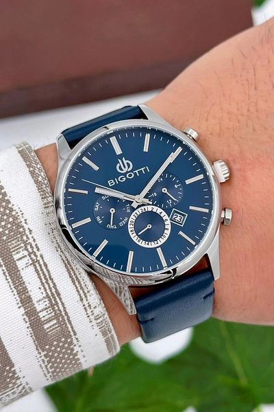 Bigotti Milano Luxury Men's Wristwatch Blue Leather Strap Steel Case Functions Active Zmb003