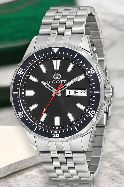 Bigotti Men's Function Wristwatch - Silver Black Color Bg.1.10320.1 Steel Case and Cord Bracelet Gift
