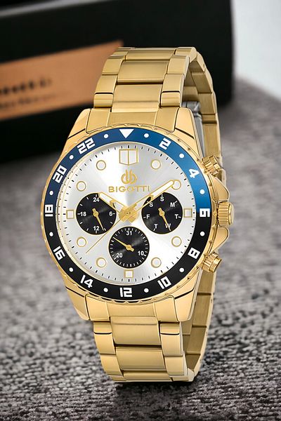 Bigotti Gold Color Function Men's Wristwatch - Steel Case and Cord Bracelet Gift Zmb013