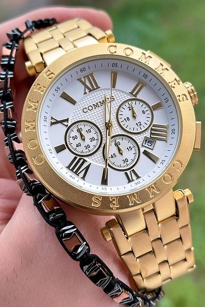 COMMES Gold Color Men's Wrist Watch - Crono Functions Active with Bracelet Gift