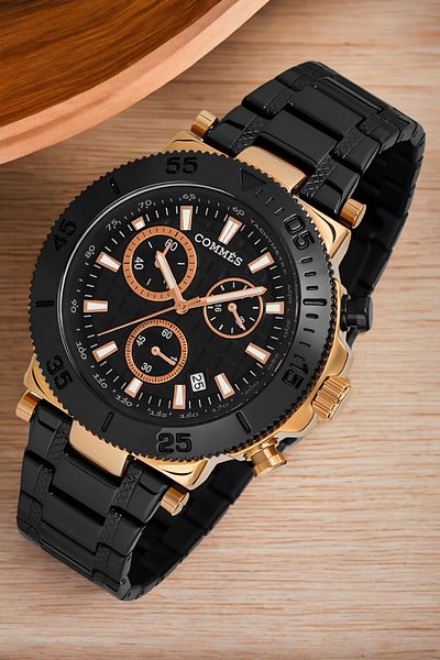 COMMES Crono Men's Wristwatch - Steel Cord, Full Function, Black-Rose Color Bracelet Zmcms032