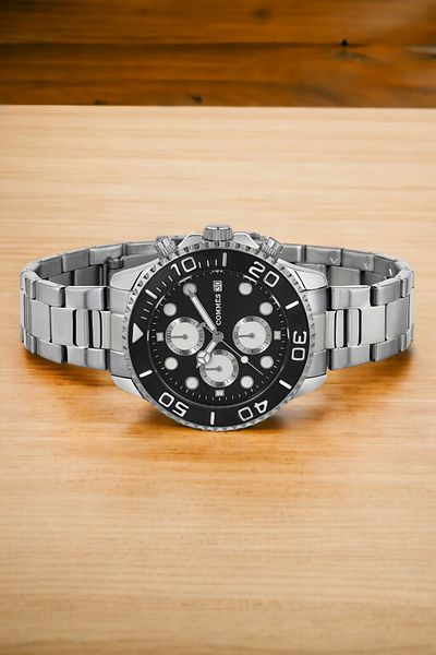 COMMES men's Wristwatch - Steel Cord, with Calendar, Silver-black Color, Bracelet Zmcms035