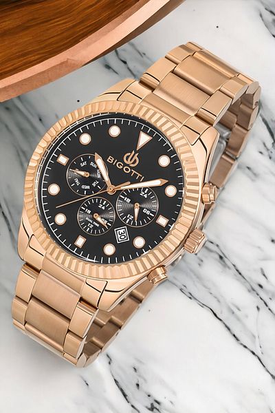 Bigotti Men's Function Wristwatch - Rose Color, Steel Case & Cord Bracelet, Gift Zmb011