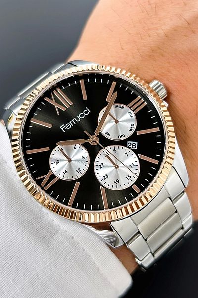 Ferrucci Rose Gold Steel Case, Silver Steel Strap Men's Wristwatch with Calendar Feature Zmfer065