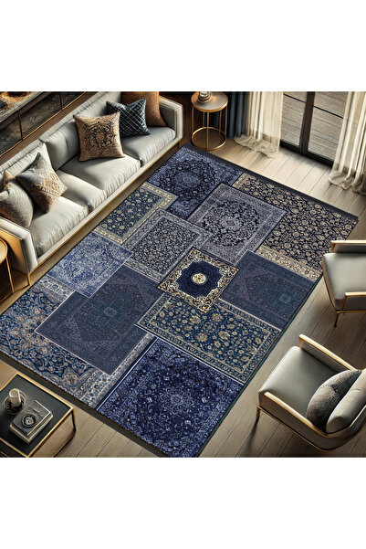 Rugs Modern Halı Kuvars Koleksiyonu Mavi Tonlarda Vintage Motifler Desenli Do...
