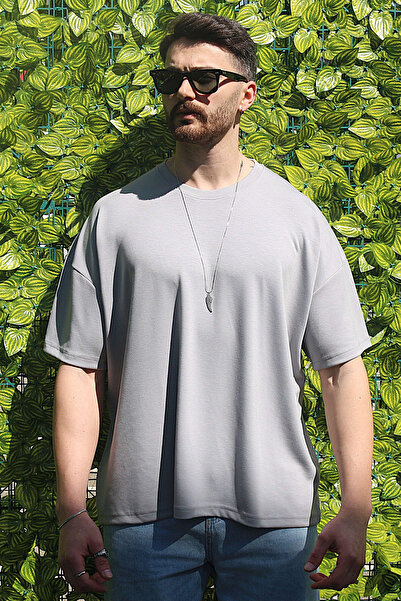 EydaMoon Ανδρικό μπλουζάκι σε γκρι Oversize Modal 100% βαμβακερό ύφασμα χαλαρή κοπή με λαιμόκοψη
