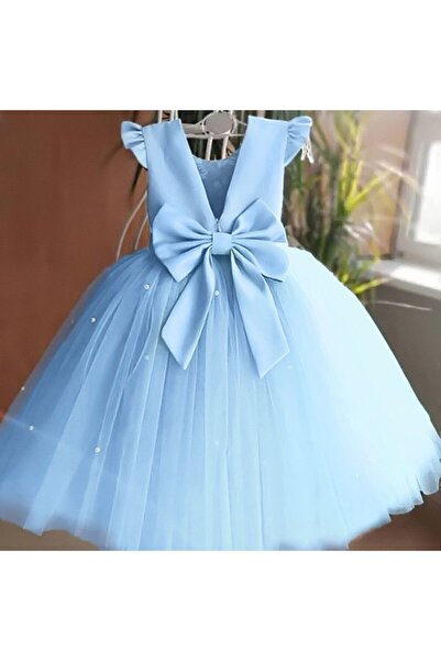 Mislina Kız çocuk bebe mavısı arkası fıyonklu etekgi inci detaylı  tasarım elbıse