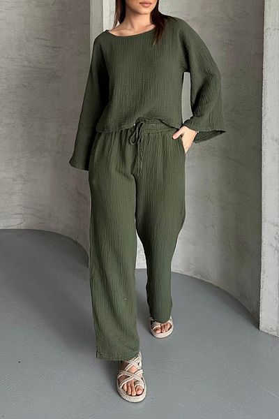 AYASOFYA OTANTIK Women's Khaki Elastic Waist Binding Detailed Muslin Cotton Wide Leg Trousers