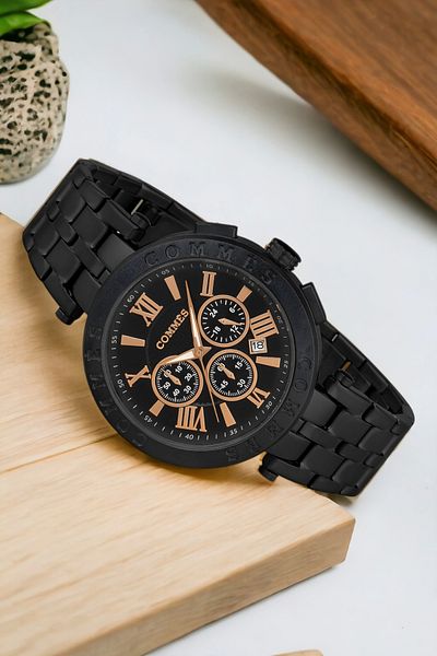 COMMES Men's Wristwatch - Steel Cord, Full Function Crono, Black-Rose Color, Bracelet Zmcms031