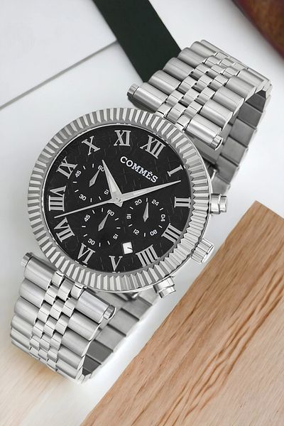 COMMES Silver-Black Color Crono Steel Band Men's Wristwatch Full Function Bracelet Zmcms036