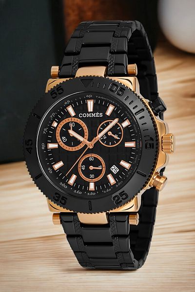 COMMES Crono Men's Wristwatch - Steel Cord, Full Function, Black-Rose Color Bracelet Zmcms032
