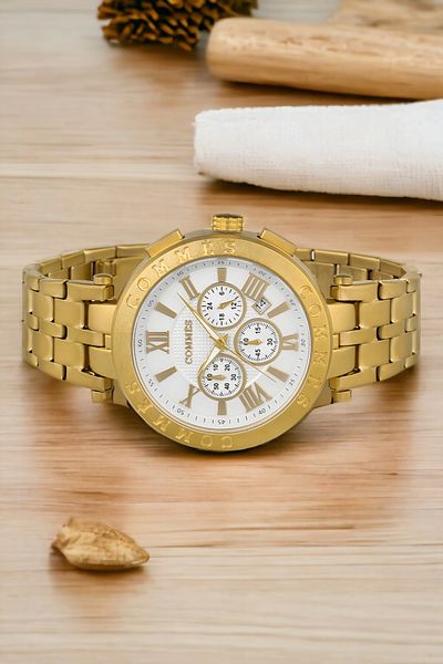 COMMES Men's Wristwatch - Steel Cord, Full Function Crono, Gold-white Color, Bracelet Zmcms031