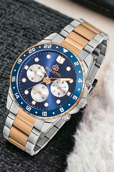Bigotti Men's Function Wristwatch - Rose Silver, Steel Case and Bracelet Gift Zm