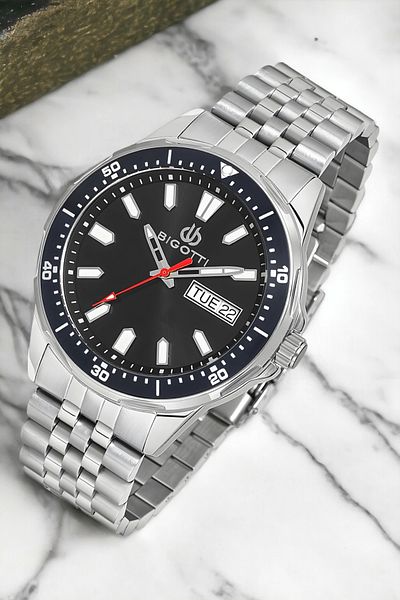 Bigotti Men's Function Wristwatch - Silver Black Color Bg.1.10320.1 Steel Case and Cord Bracelet Gift