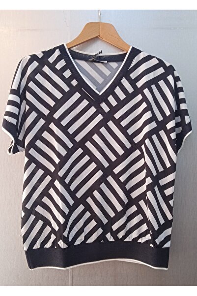 ELLA CAMELIA CAMELİA Yaka Kol Ve Etek Triko Bantlı Siyah Beyaz Renk İnce Kuma...