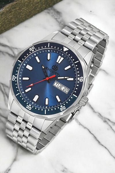 Bigotti Men's Function Wristwatch - Silver, Blue Color Bg.1.10320.2, Steel Case and Cord Bracelet Gift Zmb