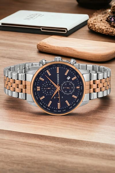 COMMES men's Wristwatch - Steel Cord, Full Function Crono, Silver-Rose Color Bracelet Zmcms030